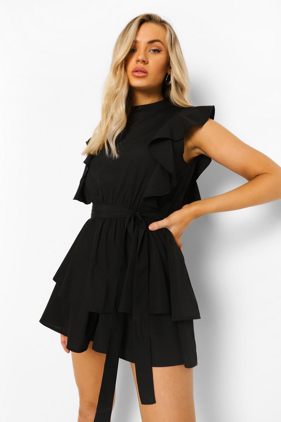Black nero High Neck Frill Detail Belted Playsuit