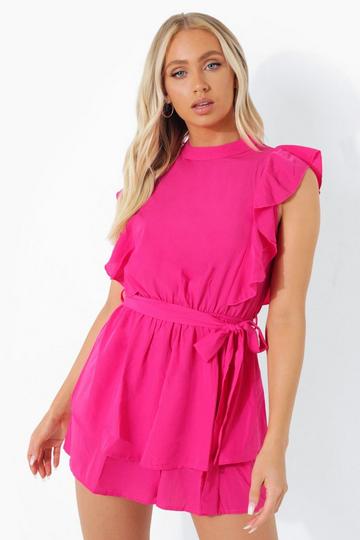 High Neck Frill Detail Belted Romper hot pink