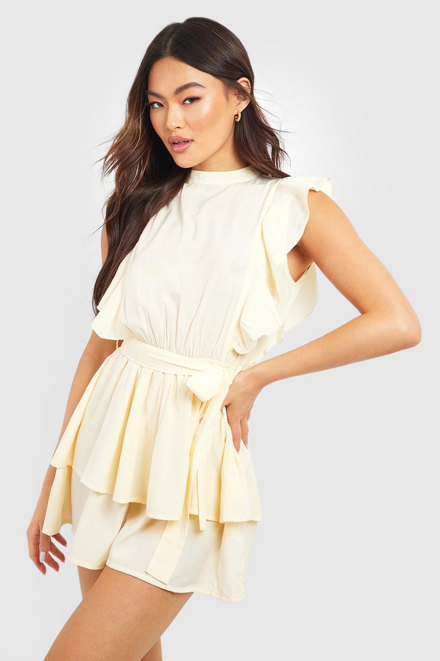 Stone beige High Neck Frill Detail Belted Playsuit