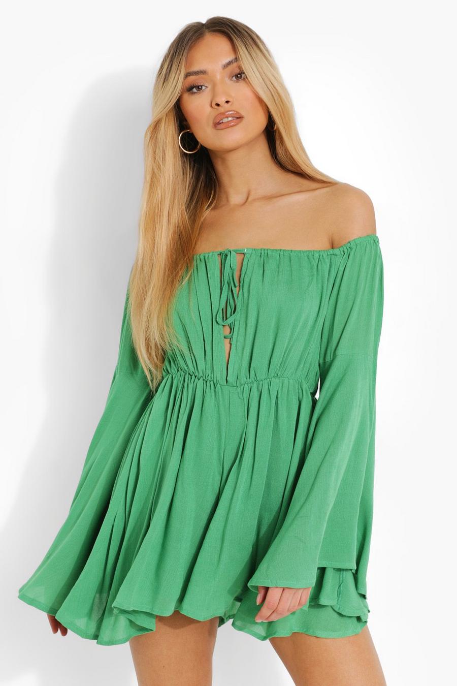 Green Cheesecloth Plunge Flare Sleeve Playsuit image number 1