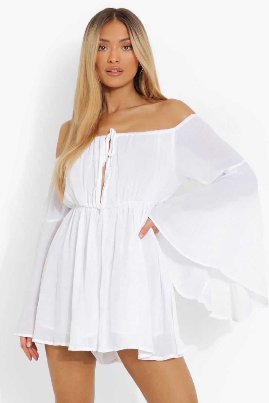 White Cheesecloth Plunge Flare Sleeve Playsuit image number 1