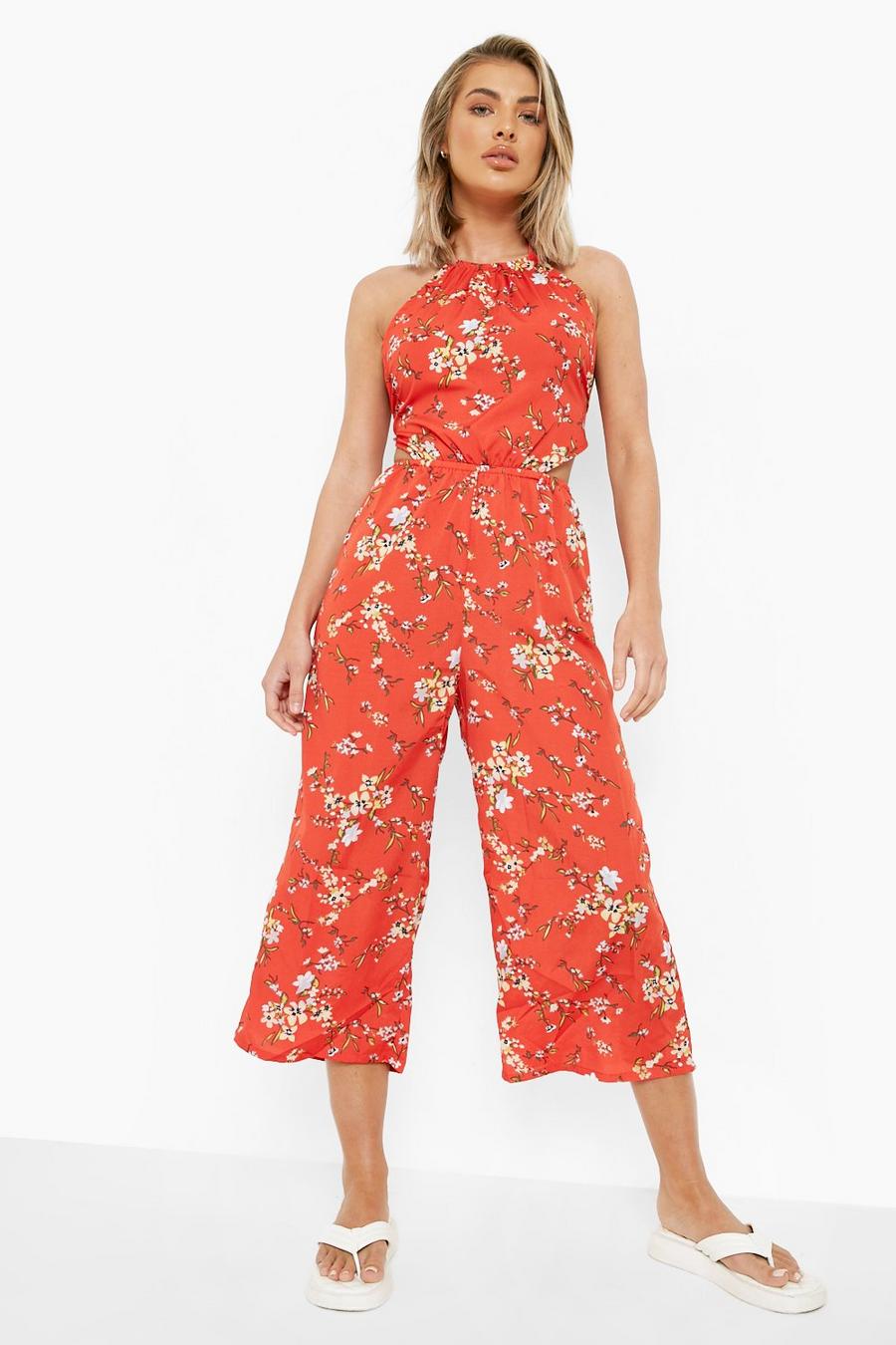 Red rojo Tie Neck Cut Out Floral Culotte Jumpsuit image number 1