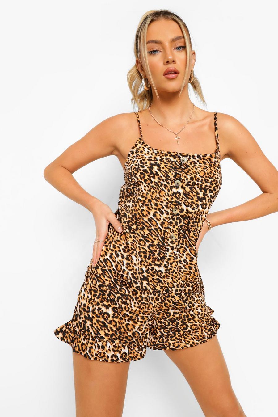Brown Leopard Button Down Frill Shorts Playsuit image number 1