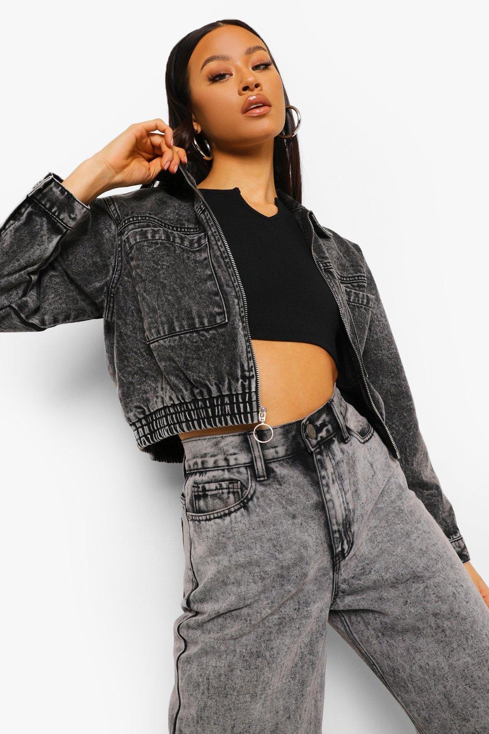 Acid Wash Denim Zip Up Cropped Jacket