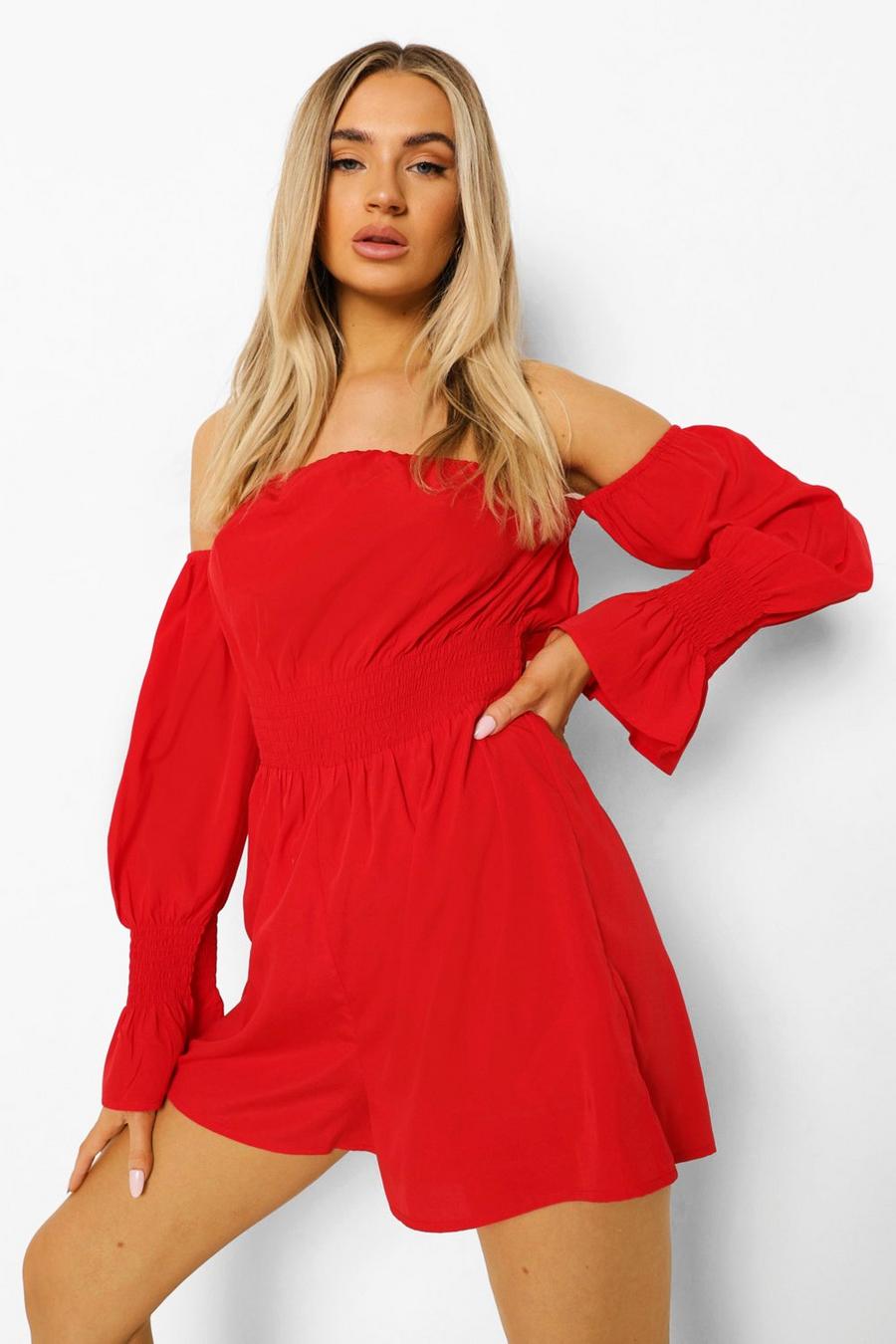 Red Off The Shoulder Puff Sleeve Shirred Playsuit image number 1