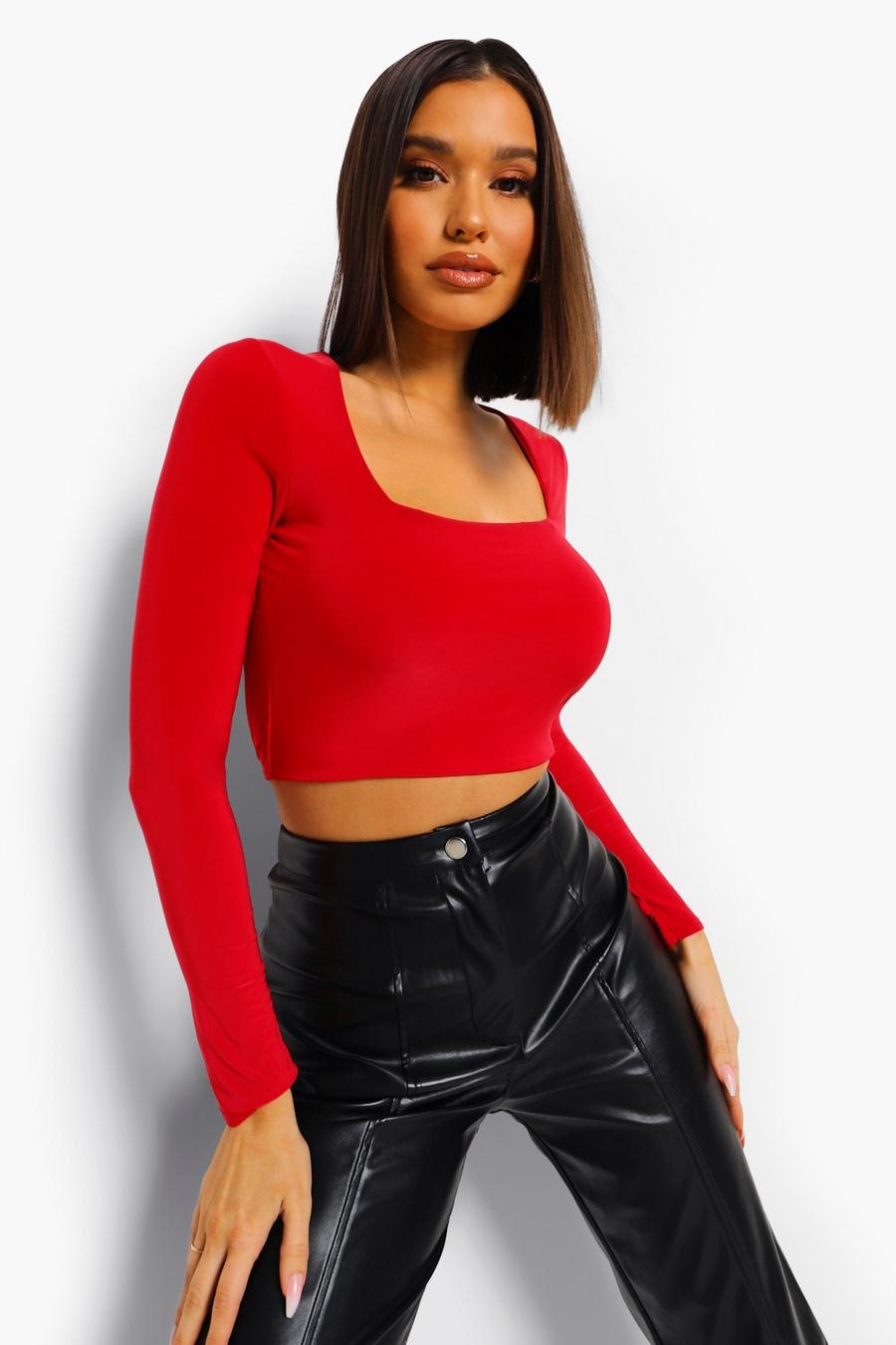 Red Square Neck Open Back Crop Top image number 1