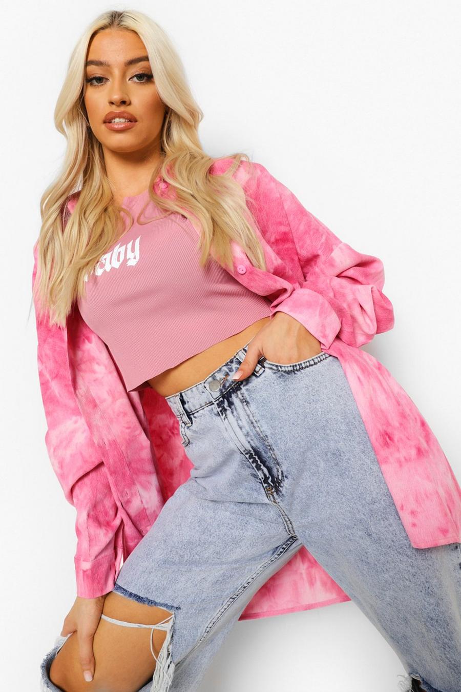 Pink Cord Tie Dye Oversized Shirt image number 1