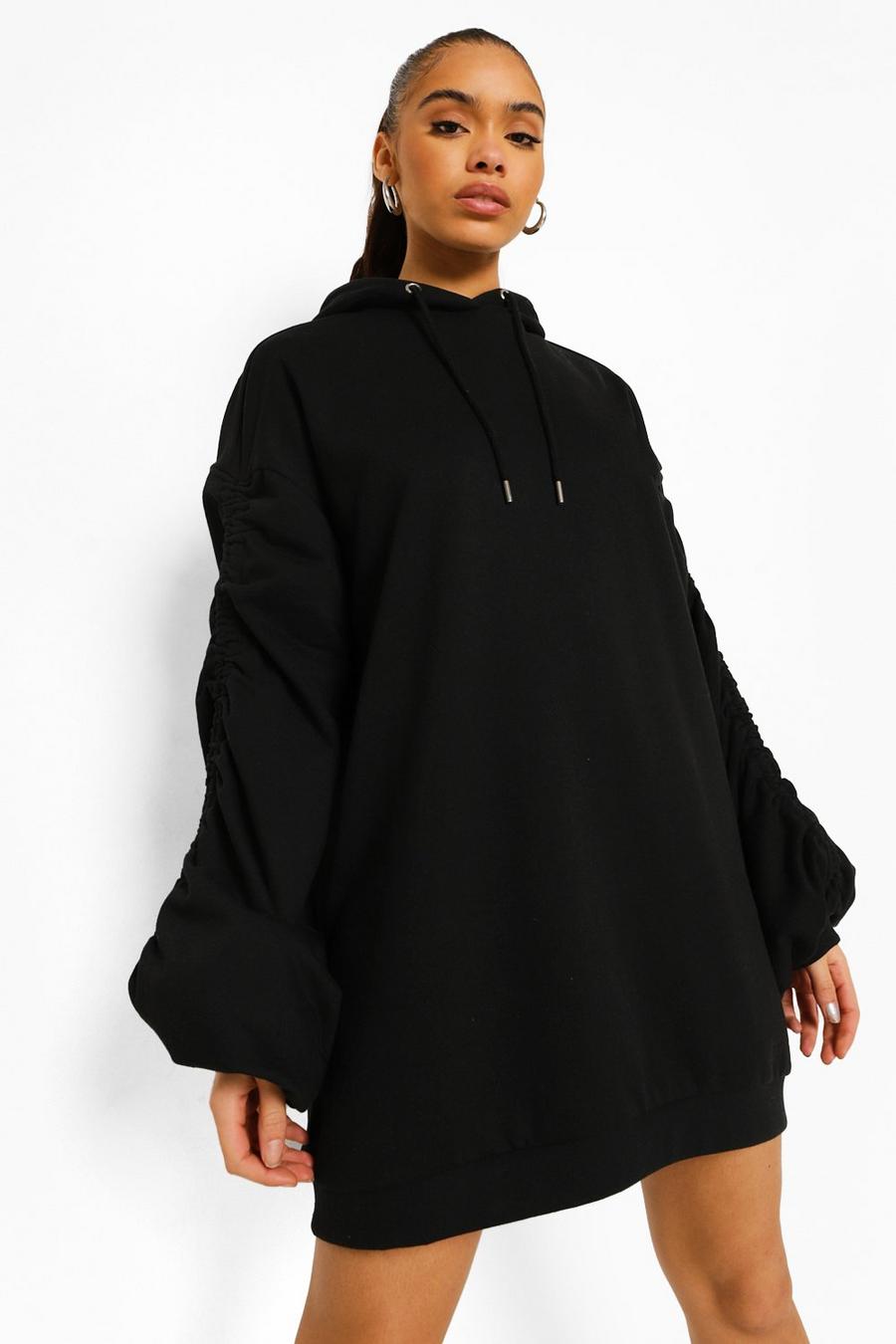 Black Ruched Sleeve Oversized Hoodie Dress image number 1