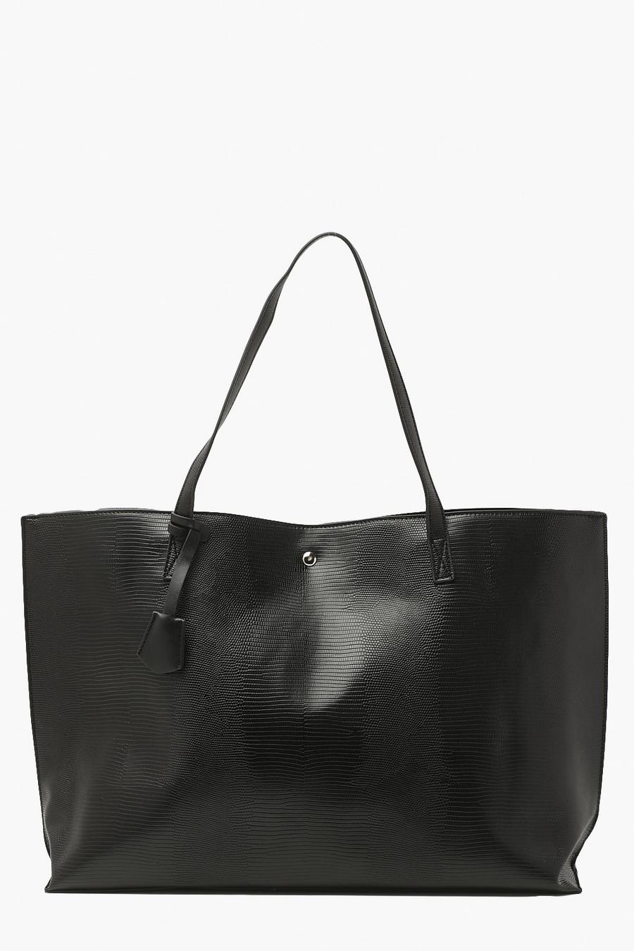 Black Faux Leather Textured Tote Bag image number 1