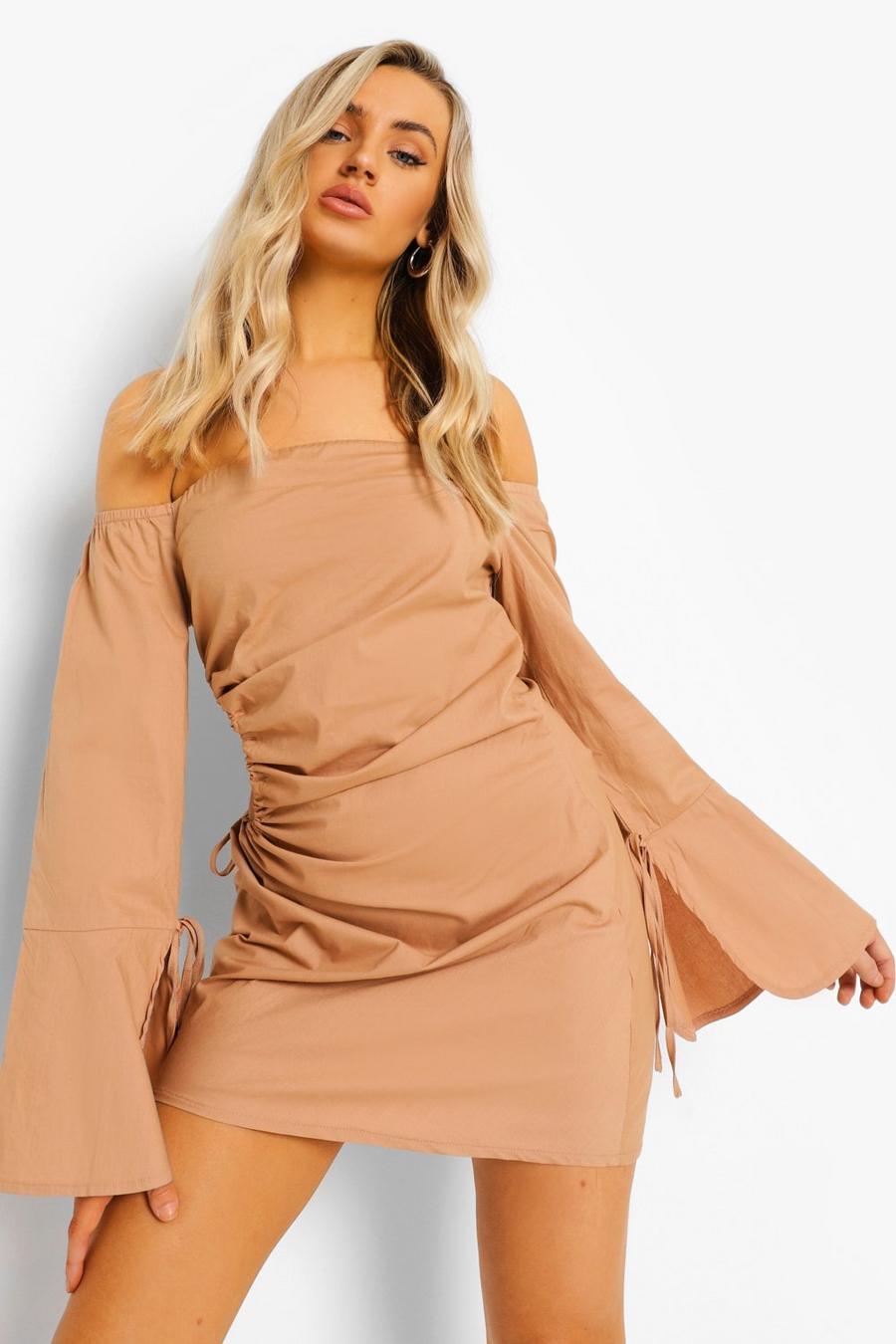 Sand beige Cut Out Ruched Off The Shoulder Mini Dress