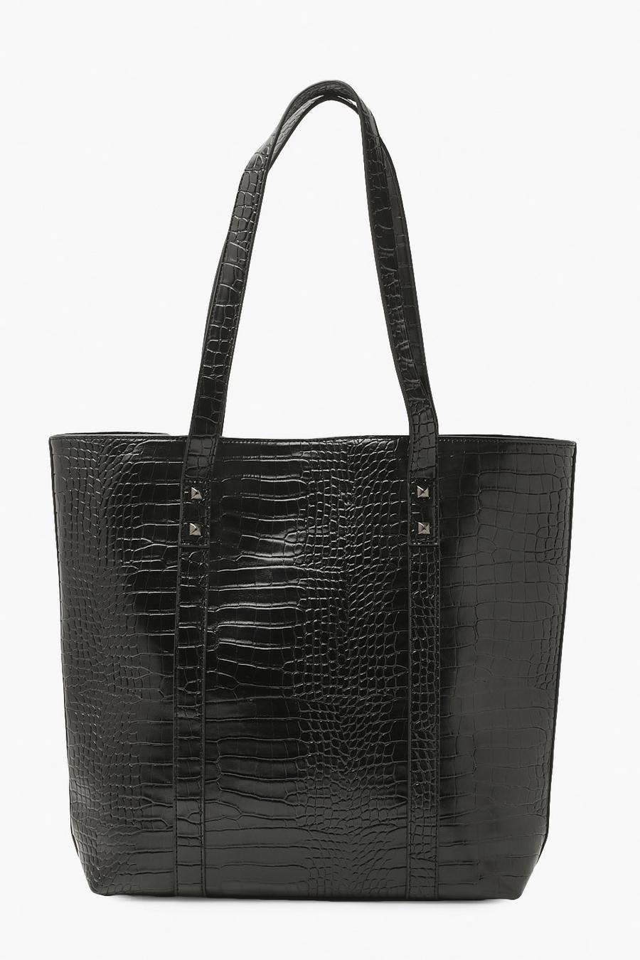 Black Faux Leather Croc Tote Bag image number 1