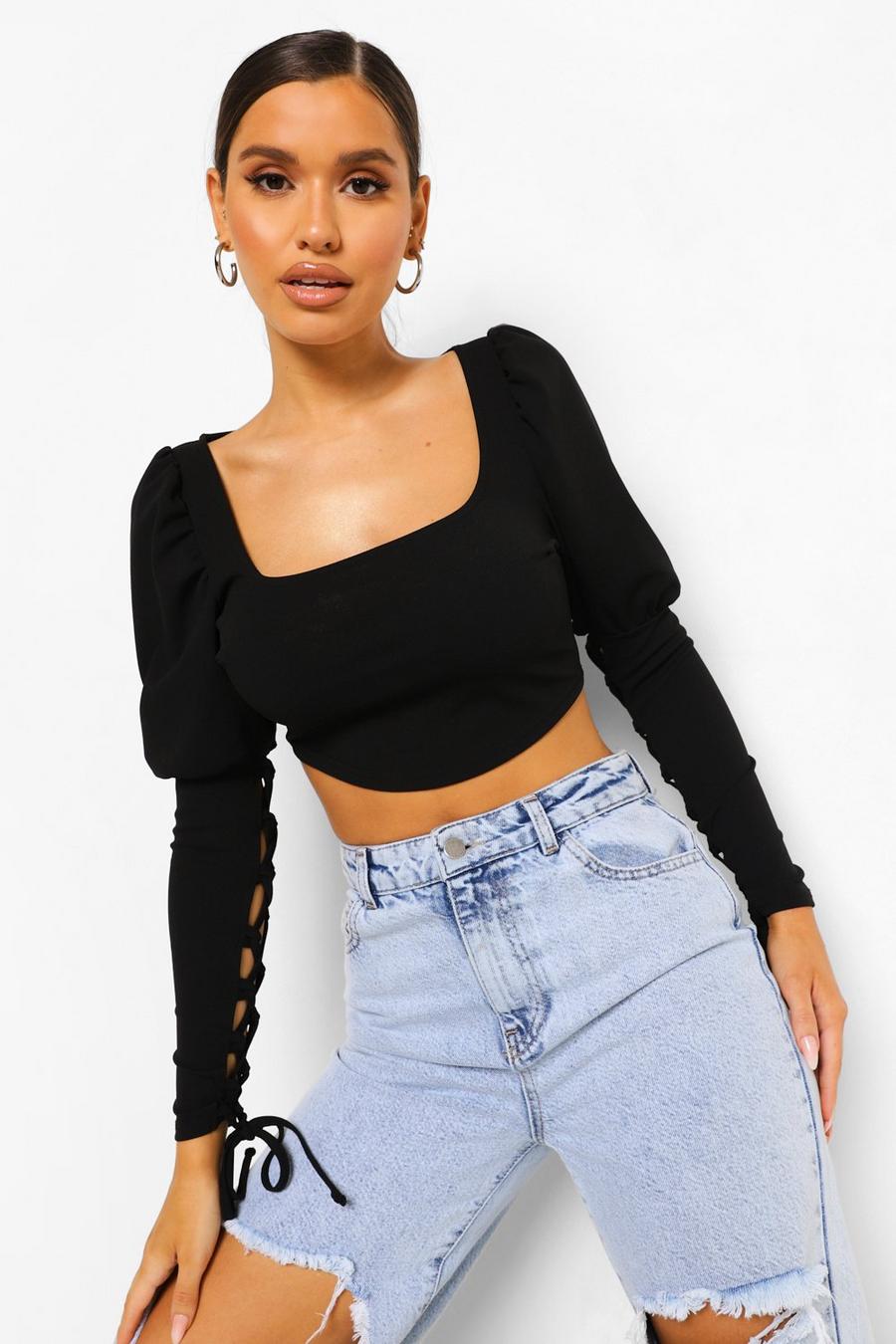 Black Square Neck Lace Up Puff Sleeve Top image number 1