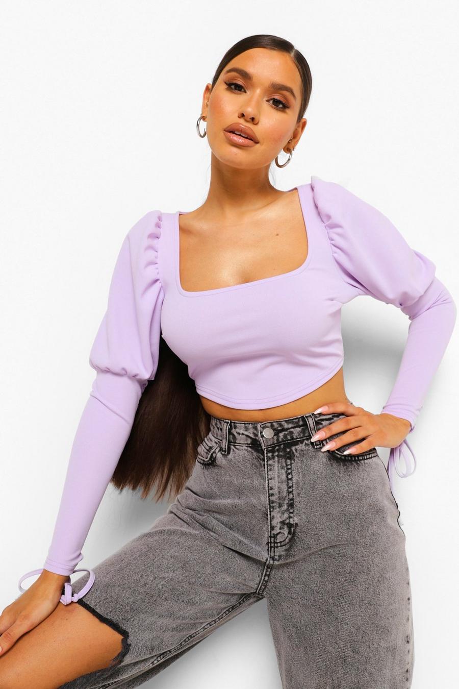Lilac Square Neck Lace Up Puff Sleeve Top image number 1