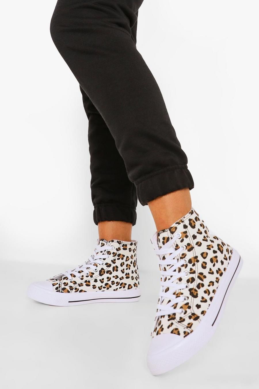 Zapatillas deportivas altas de lona con holgura ancha, Leopardo multicolor