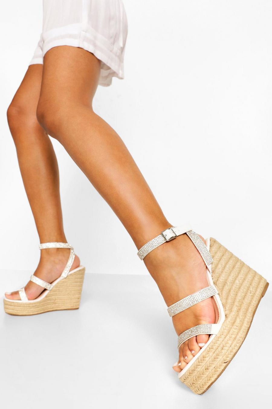 White Diamante Double Strap Wedge image number 1