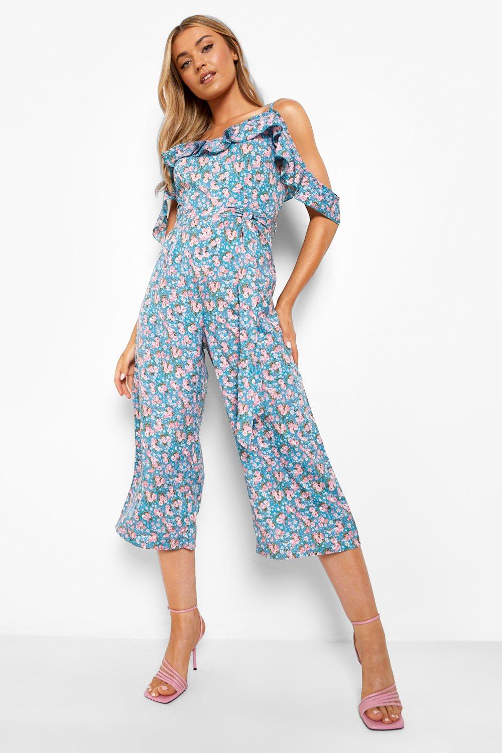 Floral cold store shoulder jumpsuit