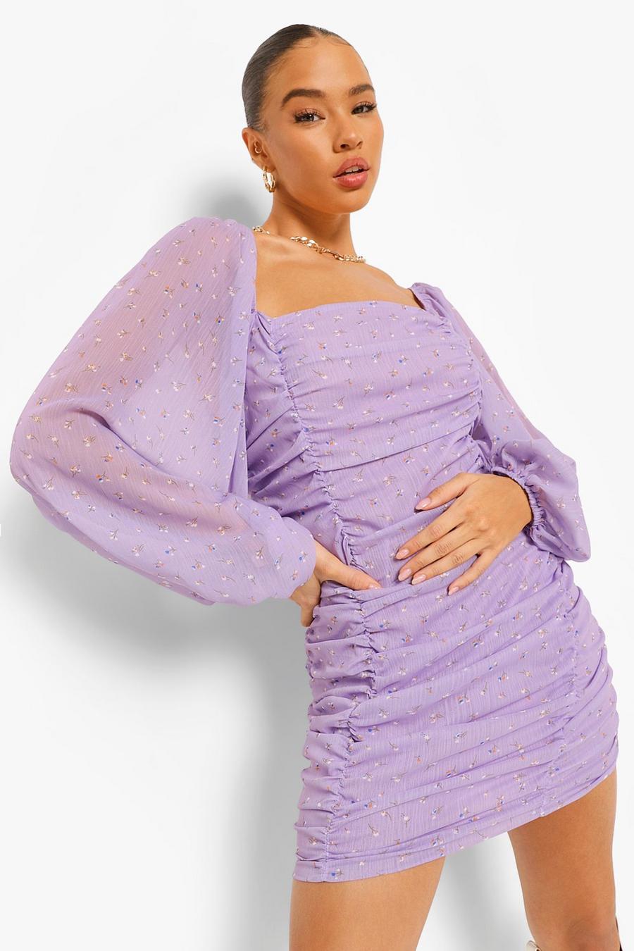 Lilac Långärmad rynkad miniklänning i chiffong image number 1