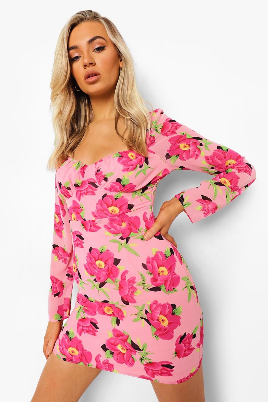 Pink Long Sleeve Floral Bodycon Mini Dress image number 1