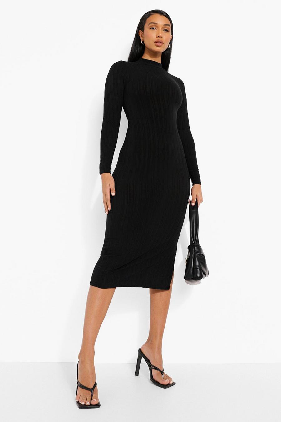 Hochgeschlossenes, langärmeliges Midaxi-Kleid aus breit geripptem Stoff, Schwarz image number 1