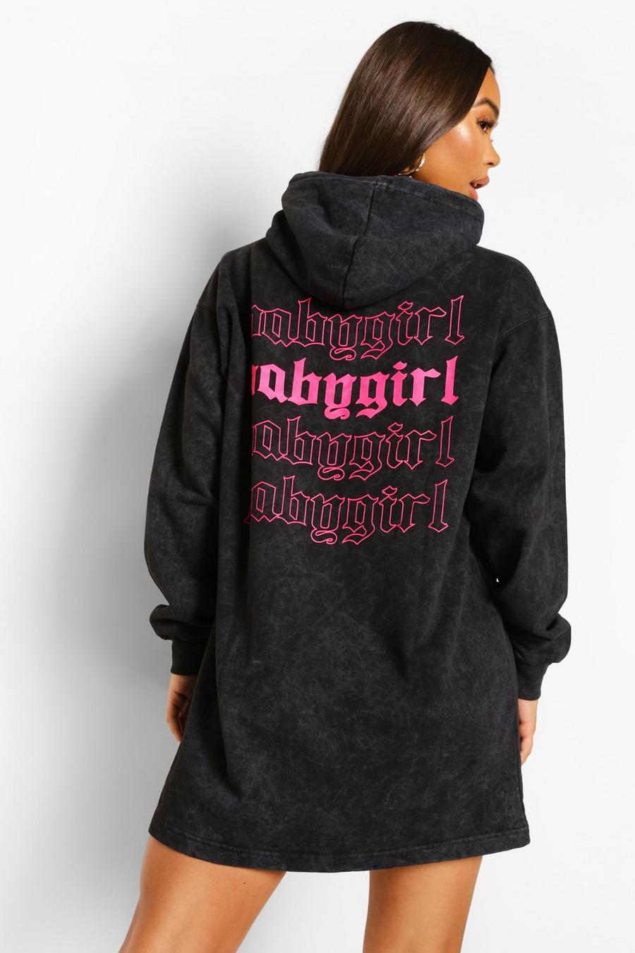 Charcoal "Babygirl" Stentvättad sweatshirtklänning med huva image number 1