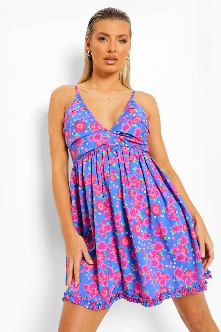 Gerüschtes Swing-Kleid mit Blumenmuster und tiefem Ausschnitt, Blau image number 1