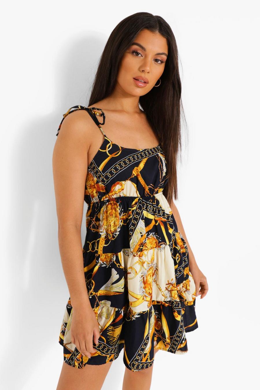 Black Chain Print Strappy Swing Dress image number 1