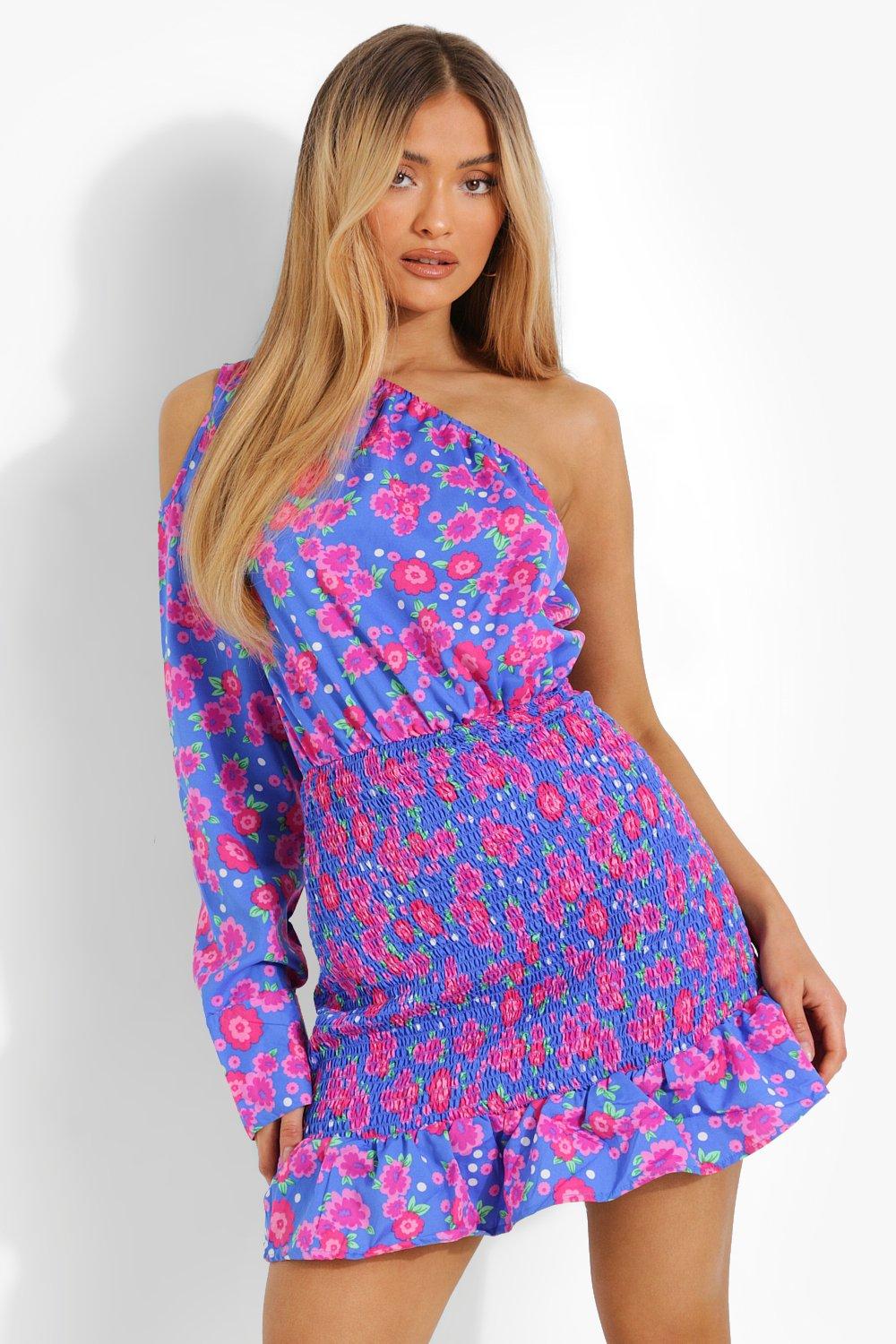 Women's Floral Print One Shoulder Shirred Mini Dress