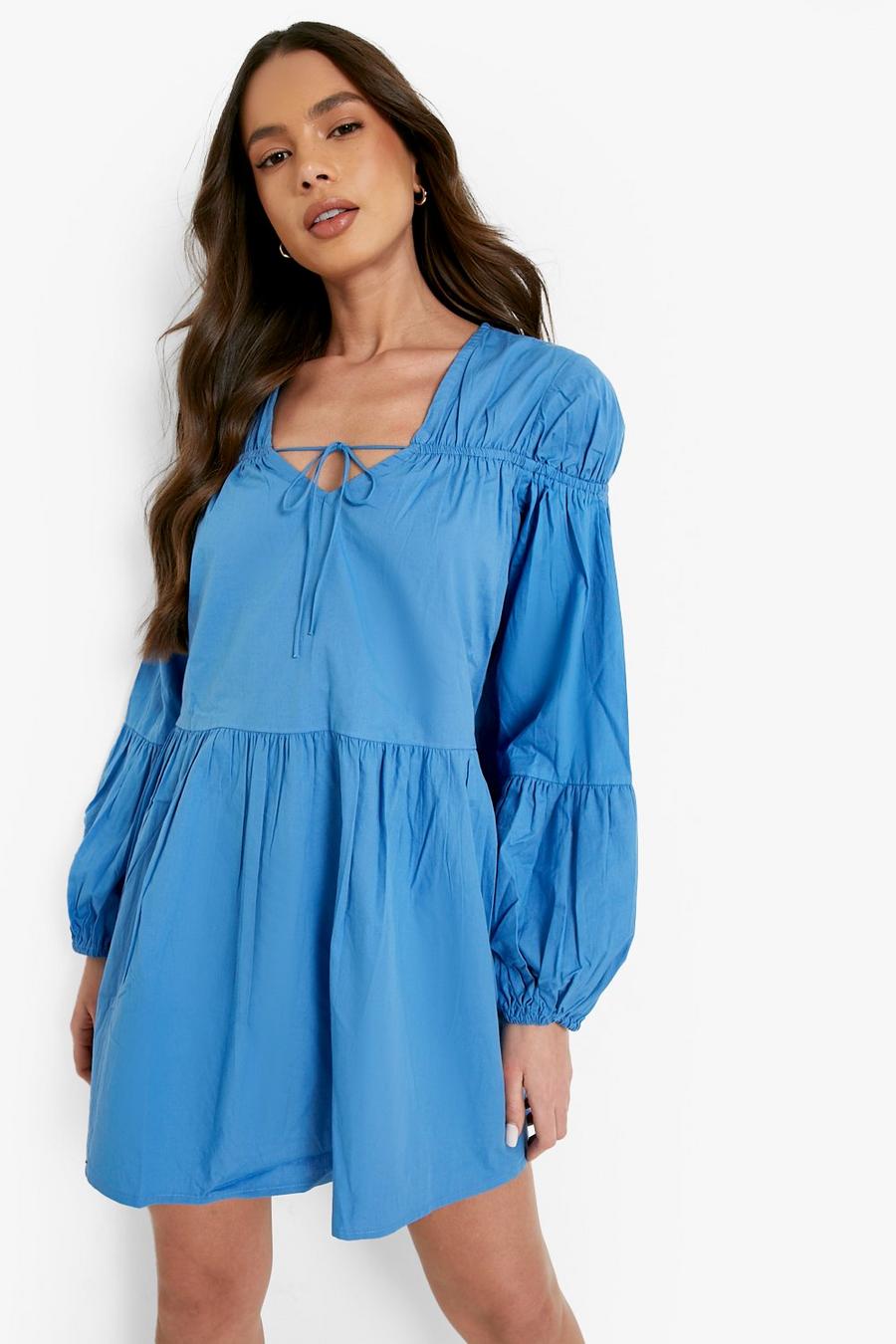 Blue Tie Front 3/4 Frill Sleeve Smock Mini Dress image number 1