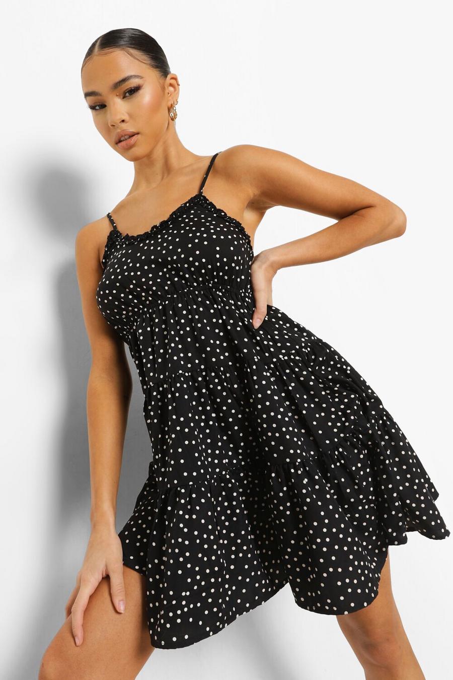 Black Polka Dot Ruffle Tiered Swing Dress image number 1