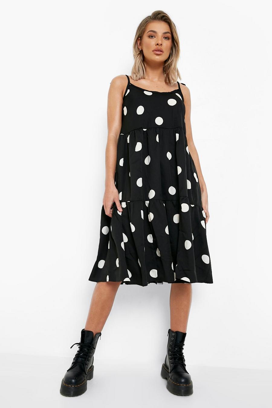 Black Polka Dot Strappy Midi Swing Dress image number 1