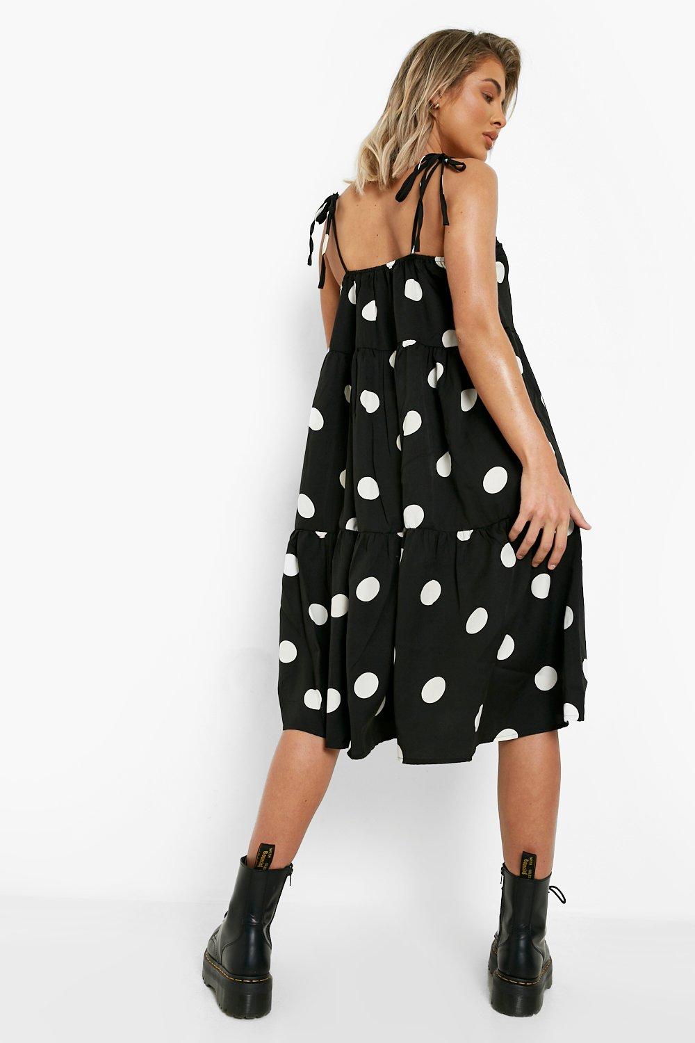 Boohoo black and clearance white polka dot dress