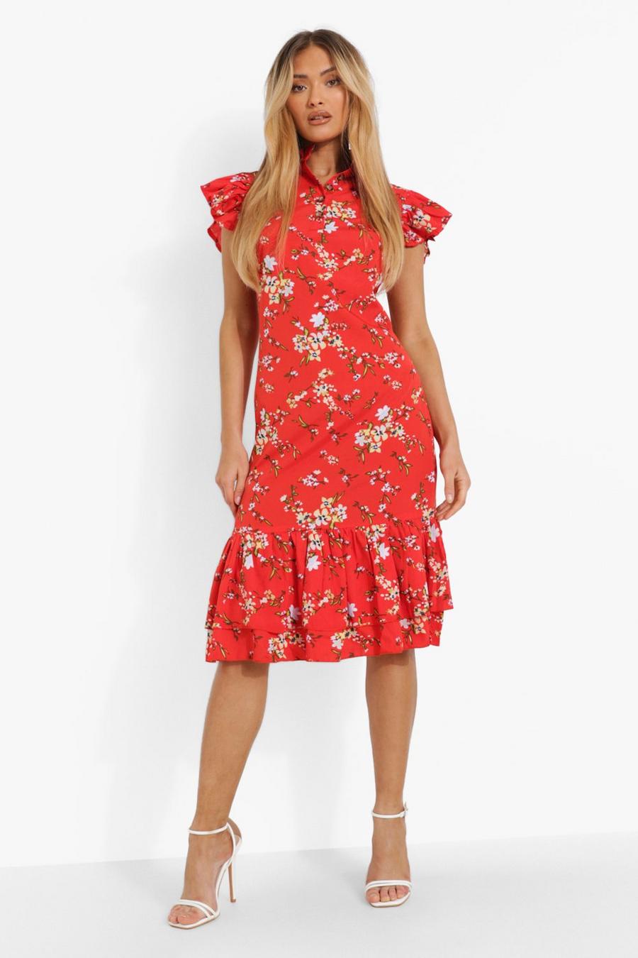 Red Floral High Neck Frill Sleeve Midi Dress image number 1