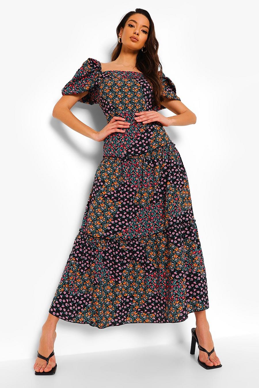 Black Floral Puff Sleeve Tiered Maxi Dress image number 1