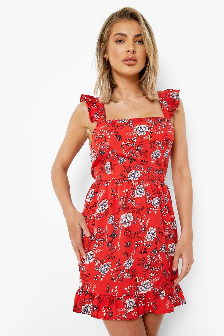 אדום שמלת מיני פרחונית עם סלסול וכתפיות רחבות image number 1