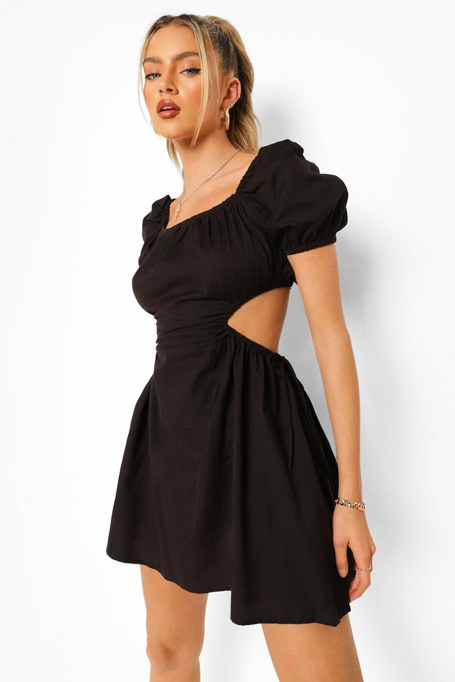 שחור שמלת מיני מכותנה עם קשירה מאחור ופתח בגב image number 1