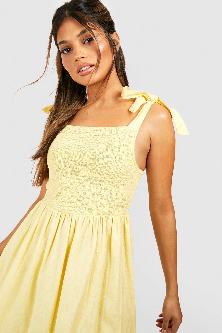Lemon yellow Tie Strap Shirred Bust Cotton Midi Dress
