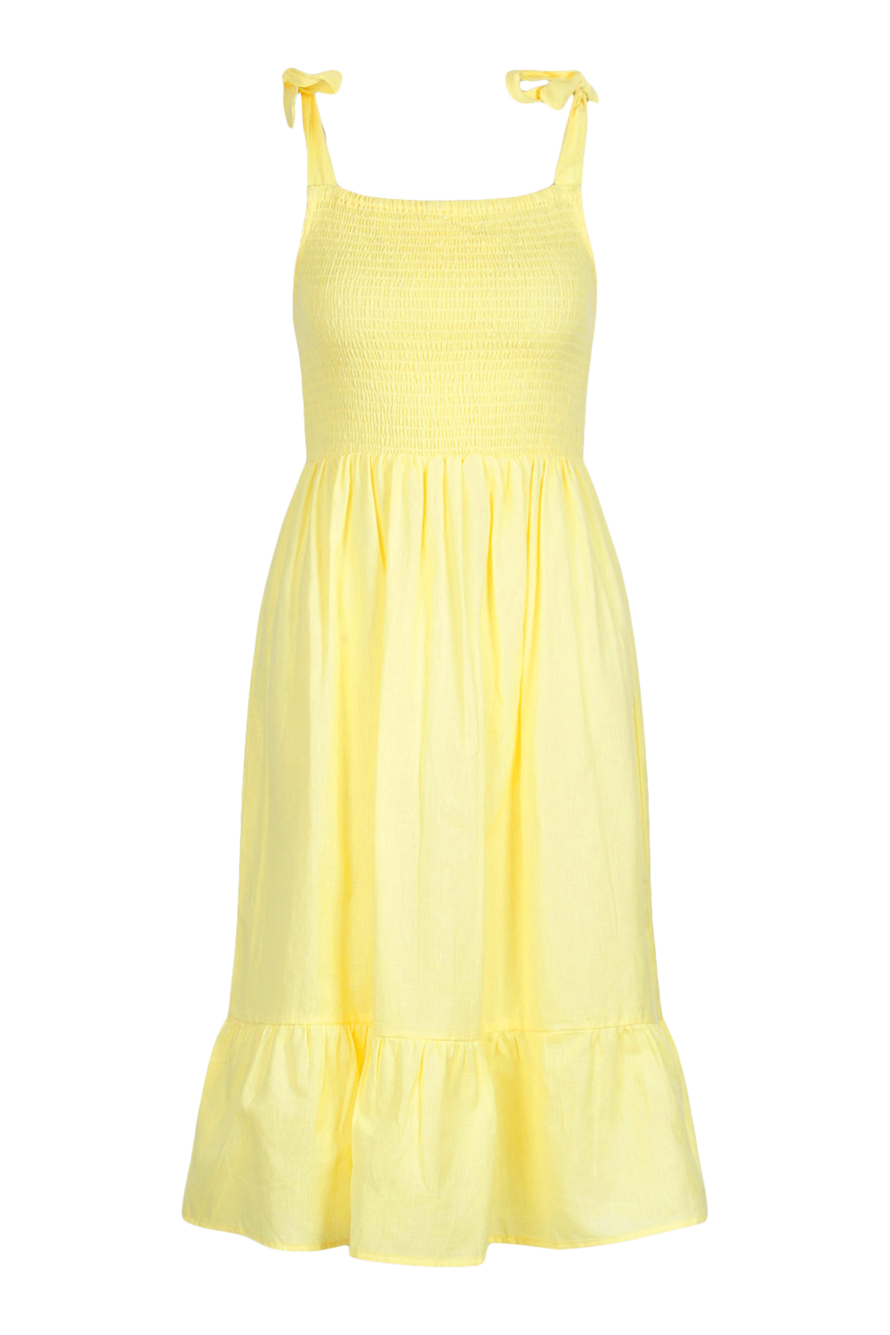 Womens Clothing Dresses Casual and day dresses Boohoo Tie Strap Shirred Bust Cotton Midi Dress in Lemon Yellow 