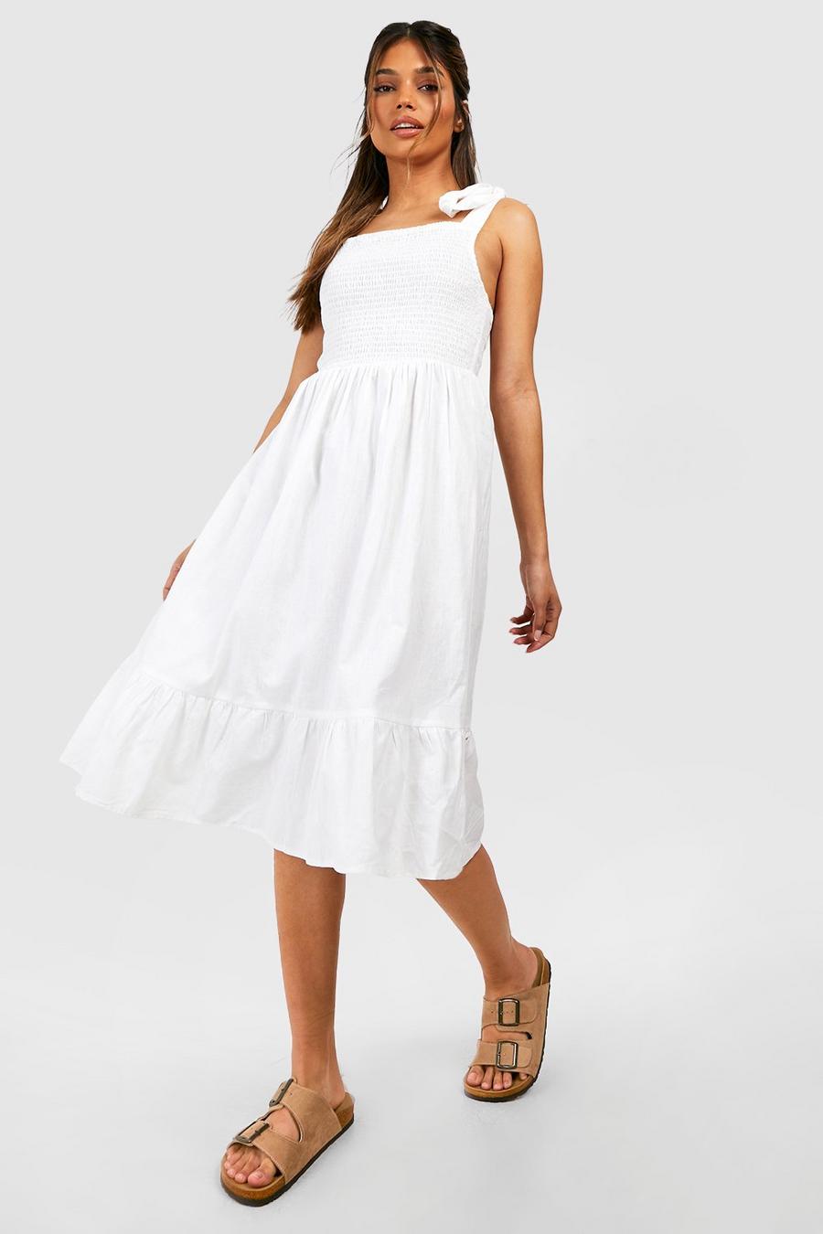 White Tie Strap Shirred Bust Cotton Midi Dress image number 1