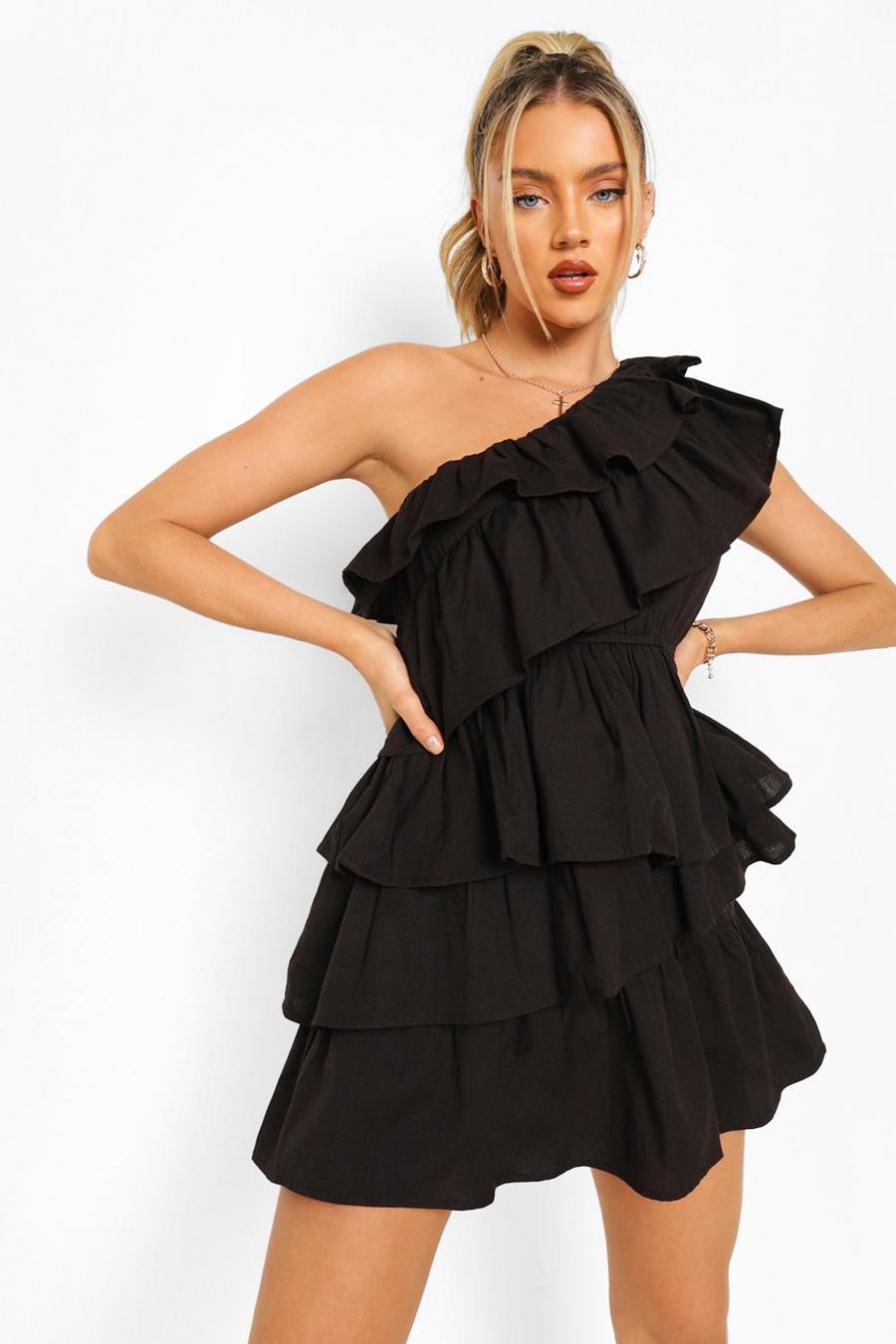 One-Shoulder Baumwoll Kleid mit Rüschendetail, Black image number 1