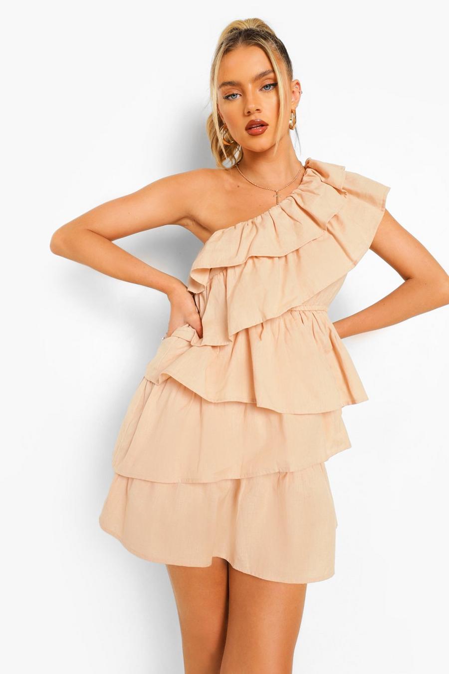 One-Shoulder Baumwoll Kleid mit Rüschendetail, Cream image number 1
