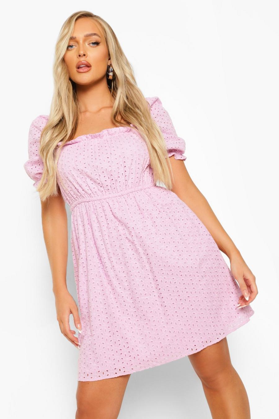 Lilac Broderie Puff Sleeve Skater Dress image number 1