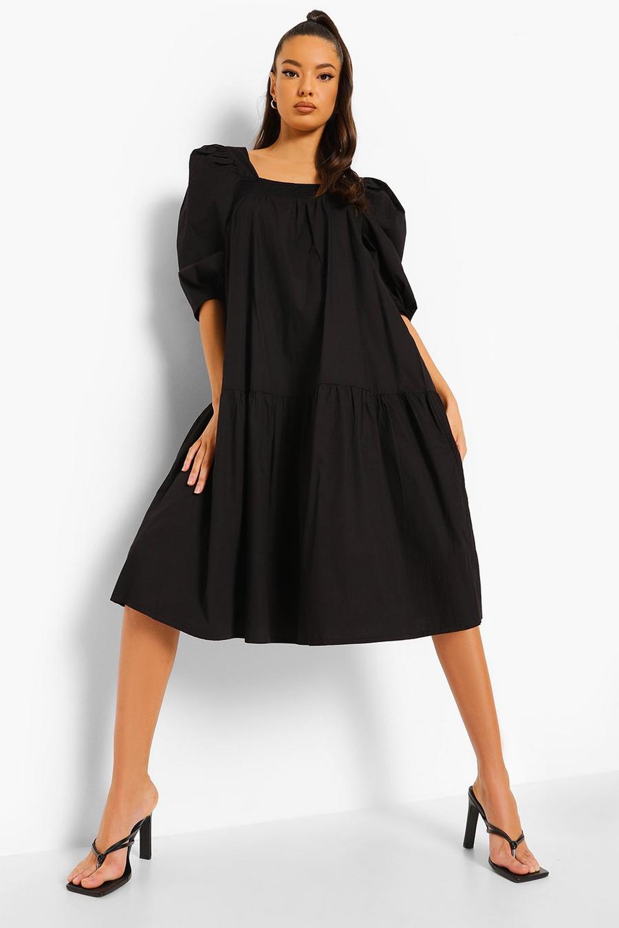 שחור שמלת מידי מכותנה עם מכפלת נמוכה ושרוולים נפוחים image number 1