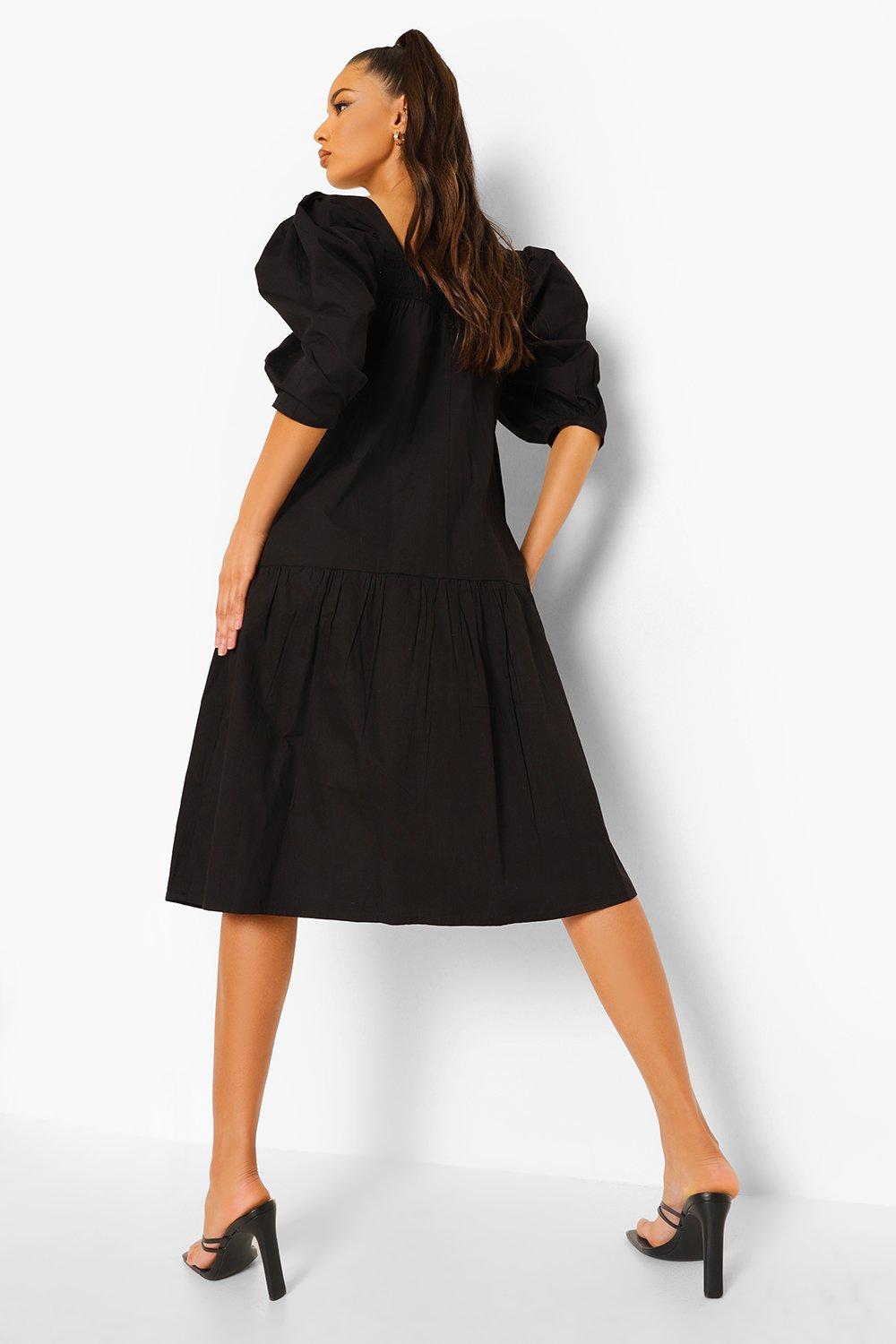 Puff-sleeved Dress - Black - Ladies