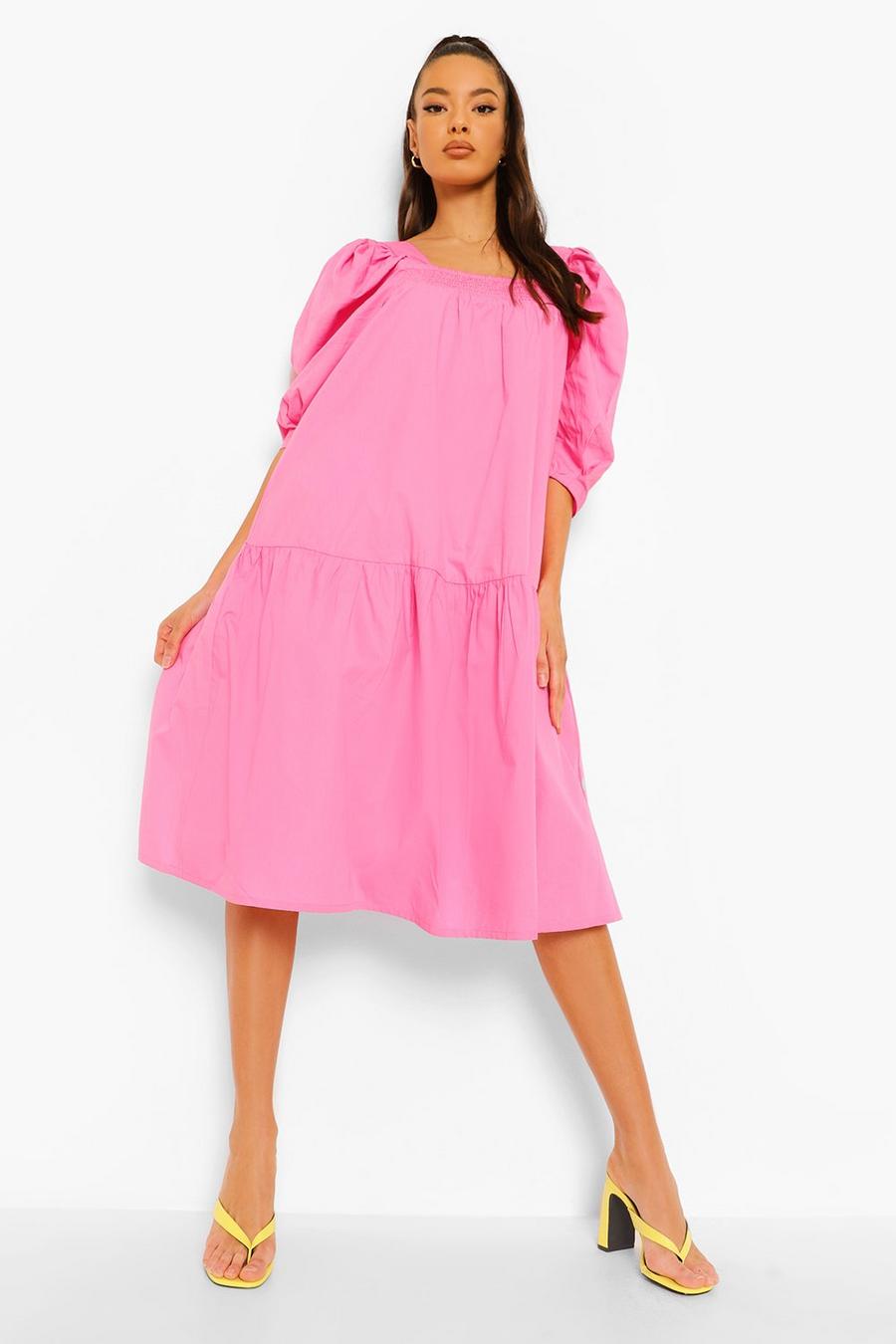 Pink Cotton Puff Sleeve Dropped Hem Midi Dress image number 1