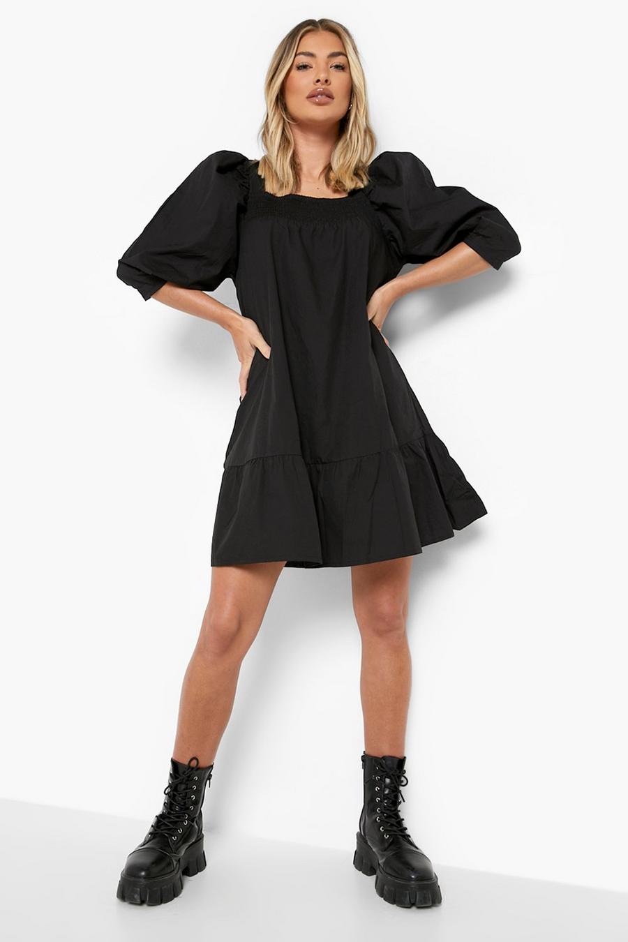 Black שמלת סמוק מכותנה עם מכפלת נמוכה ושרוולים נפוחים image number 1