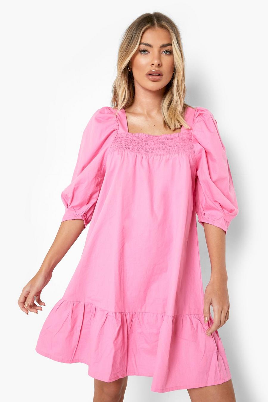 Pink Cotton Puff Sleeve Dropped Hem Smock Dress