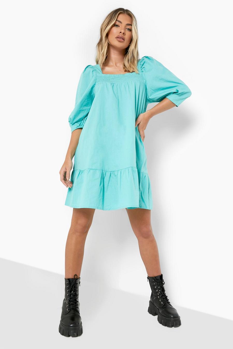 Turquoise שמלת סמוק מכותנה עם מכפלת נמוכה ושרוולים נפוחים image number 1