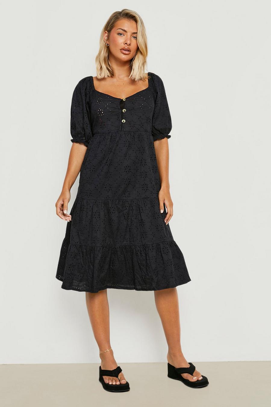 Black Tiered Eyelet Button Down Midi Dress image number 1