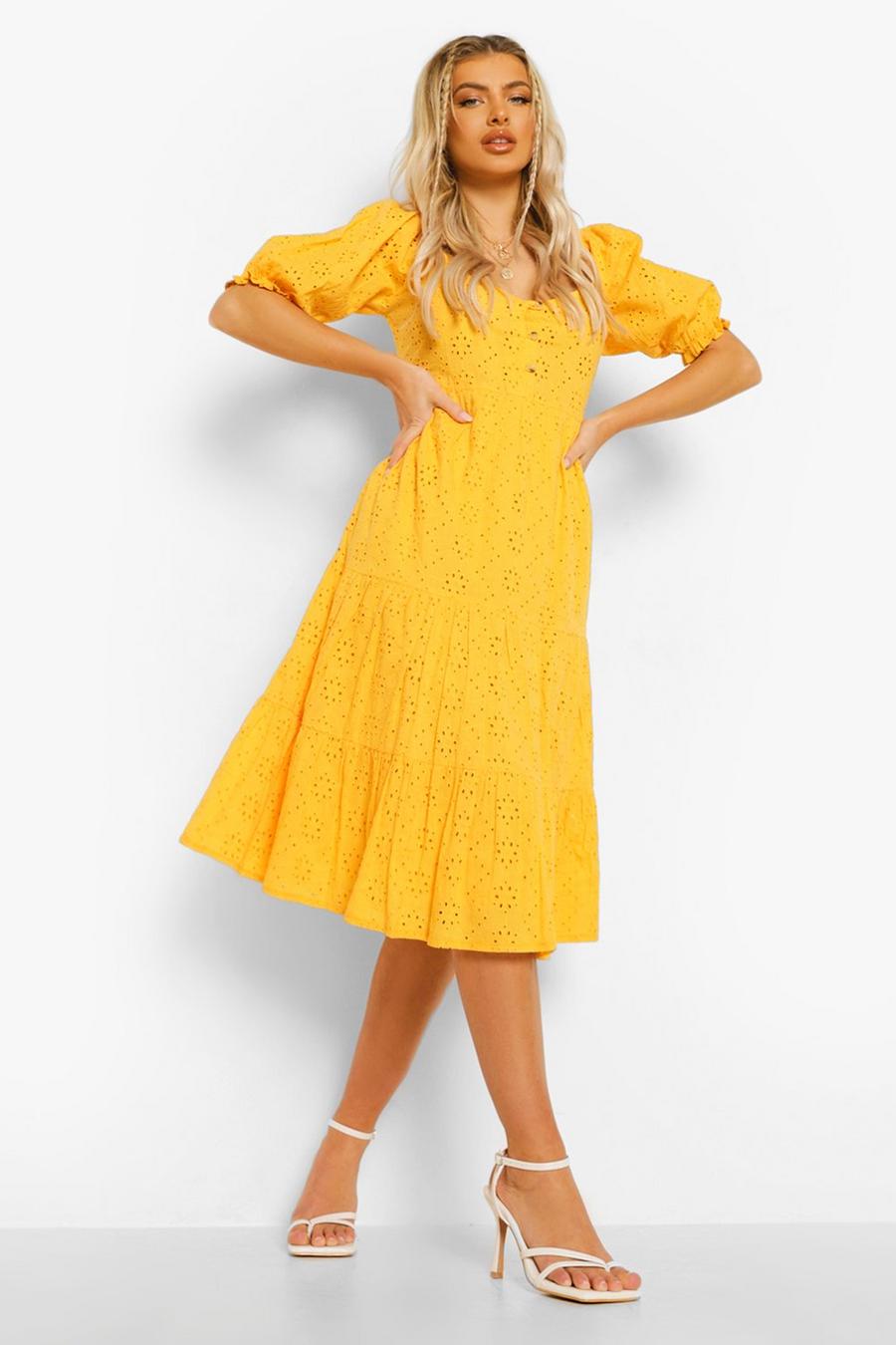 Mustard yellow Cotton Puff Sleeve Dropped Hem Smock Dress