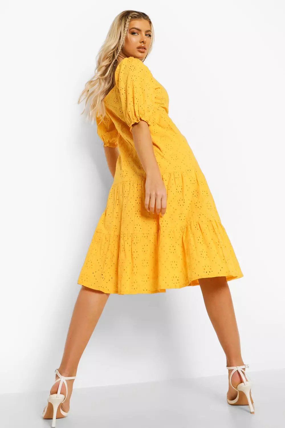 Tiered Broderie Button Down Midi Dress